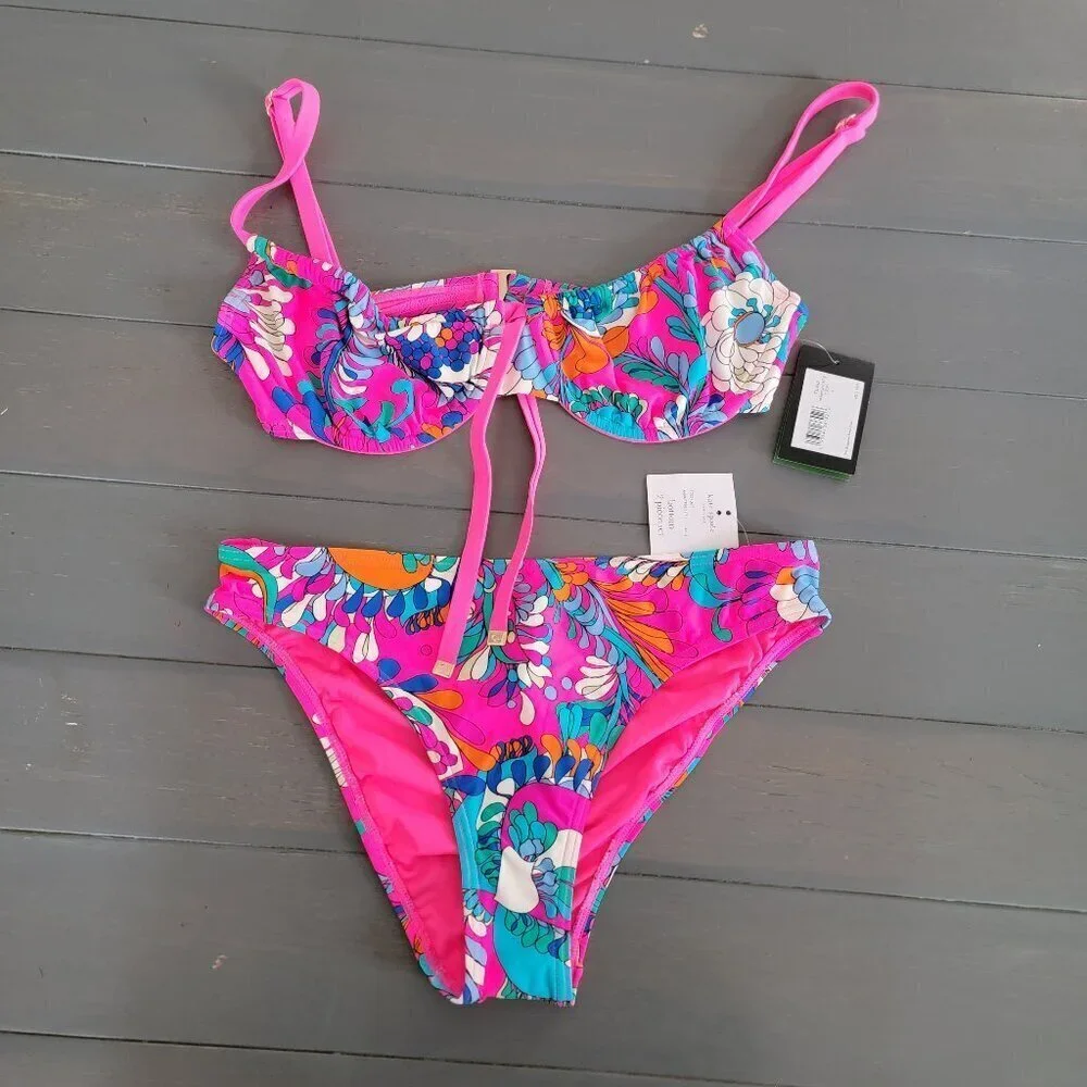 Kate Spade New York Printed Cinch Front Balconette Top Bikini Bottom Swimsuit S